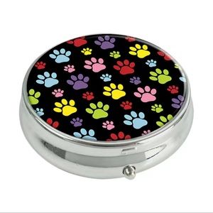 Pill case, metallic, (colorful dog paws)  tiny little case (Diameter: 2”).